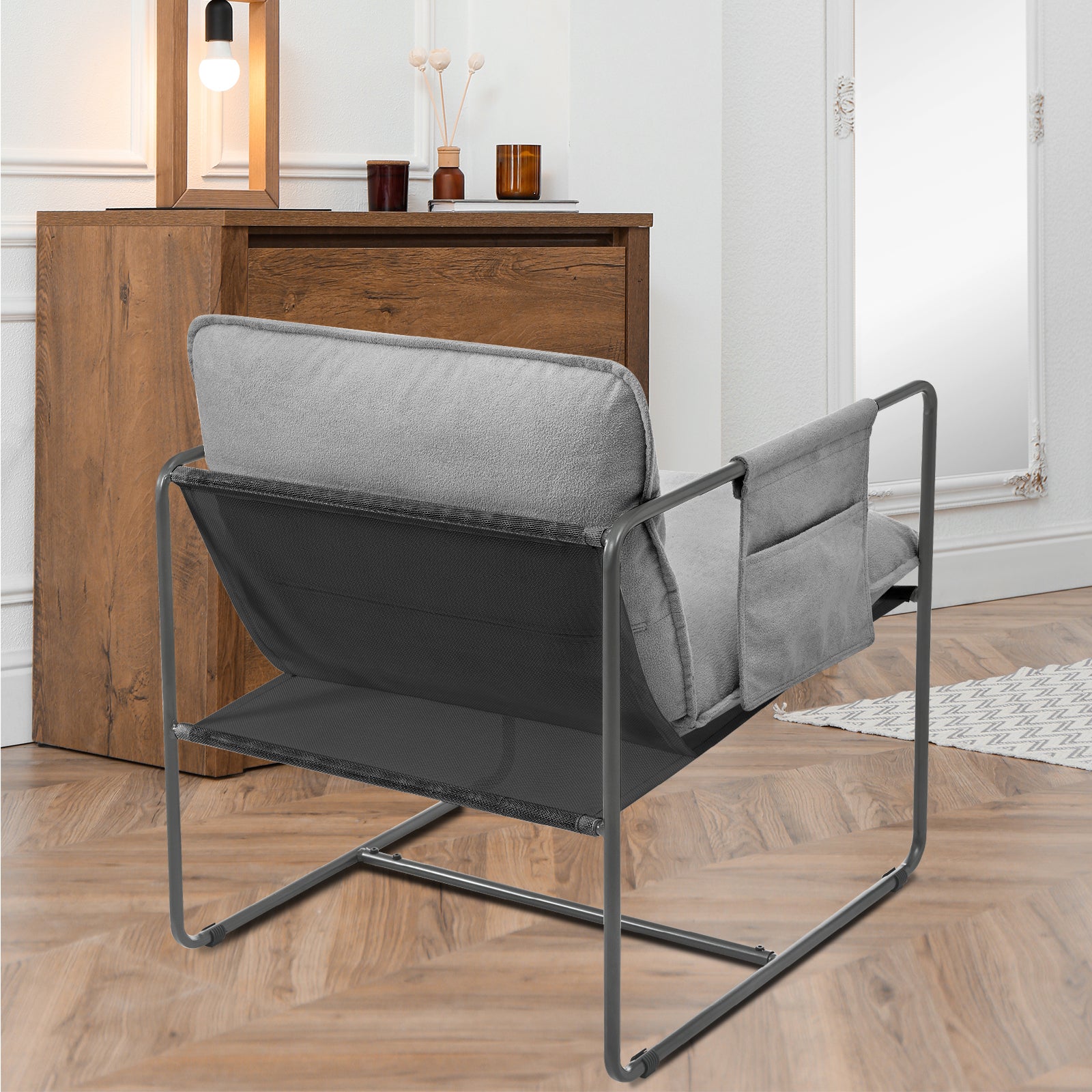 2 Sets 1 Case, Upholstered Hanging Armchair With Arm Pocket Metal Frame, Crushed Foamcushions And Skin Friendly Braid For Living Room And Bedroom. Grey Color Grey Foam Polyester