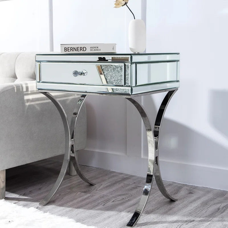 24" Tall Mirrored Nightstand 1 Drawer Metal Cross Legs Silver 1 Drawer Bedroom Bedside Cabinet Modern Mirrored Mirrored Mdf Metal,Mirror