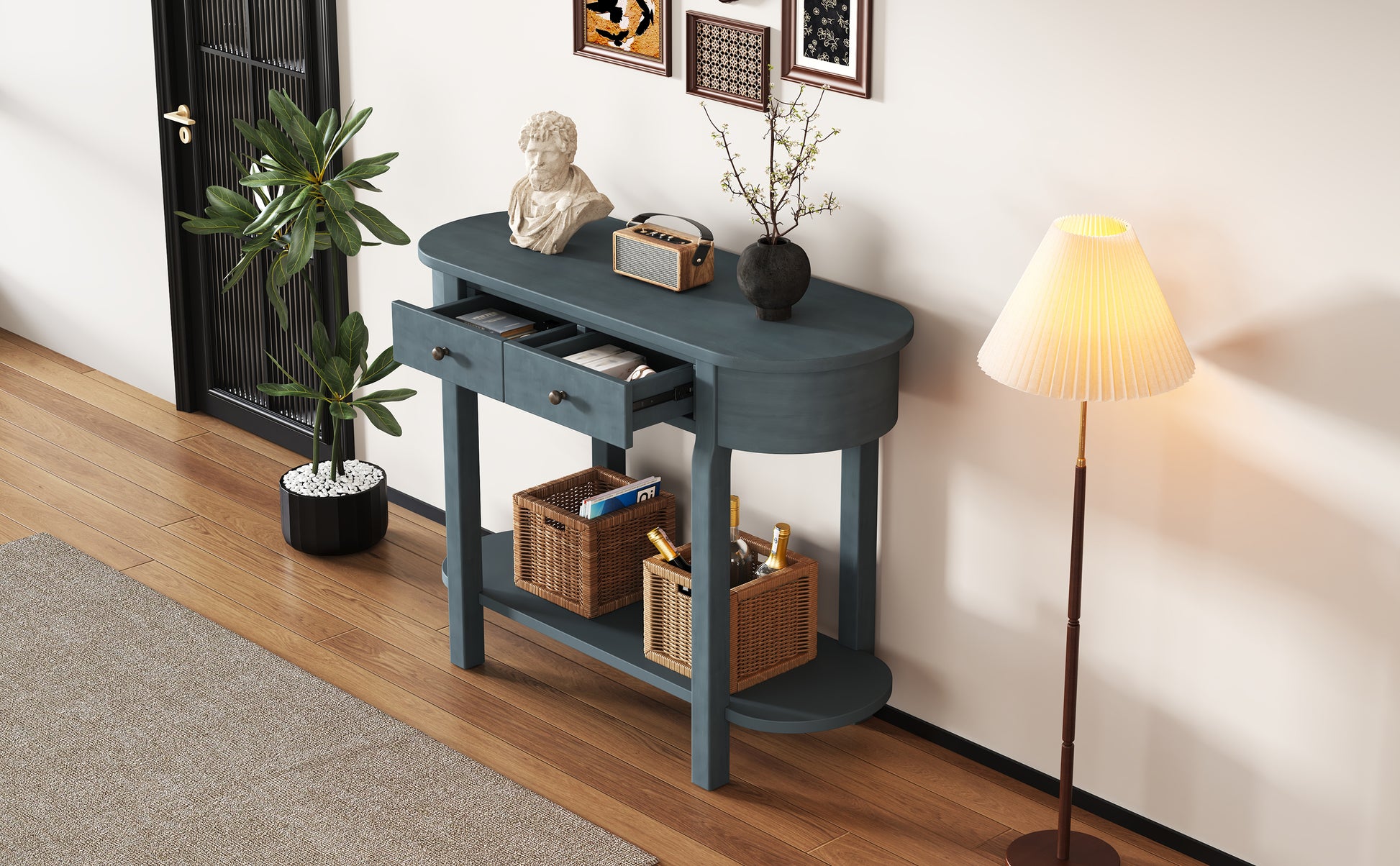 Elegant Retro Console Table With Curved Design And Smooth Glaze For Entryways, Living Rooms And Hallways Navy Navy Solid Wood Mdf