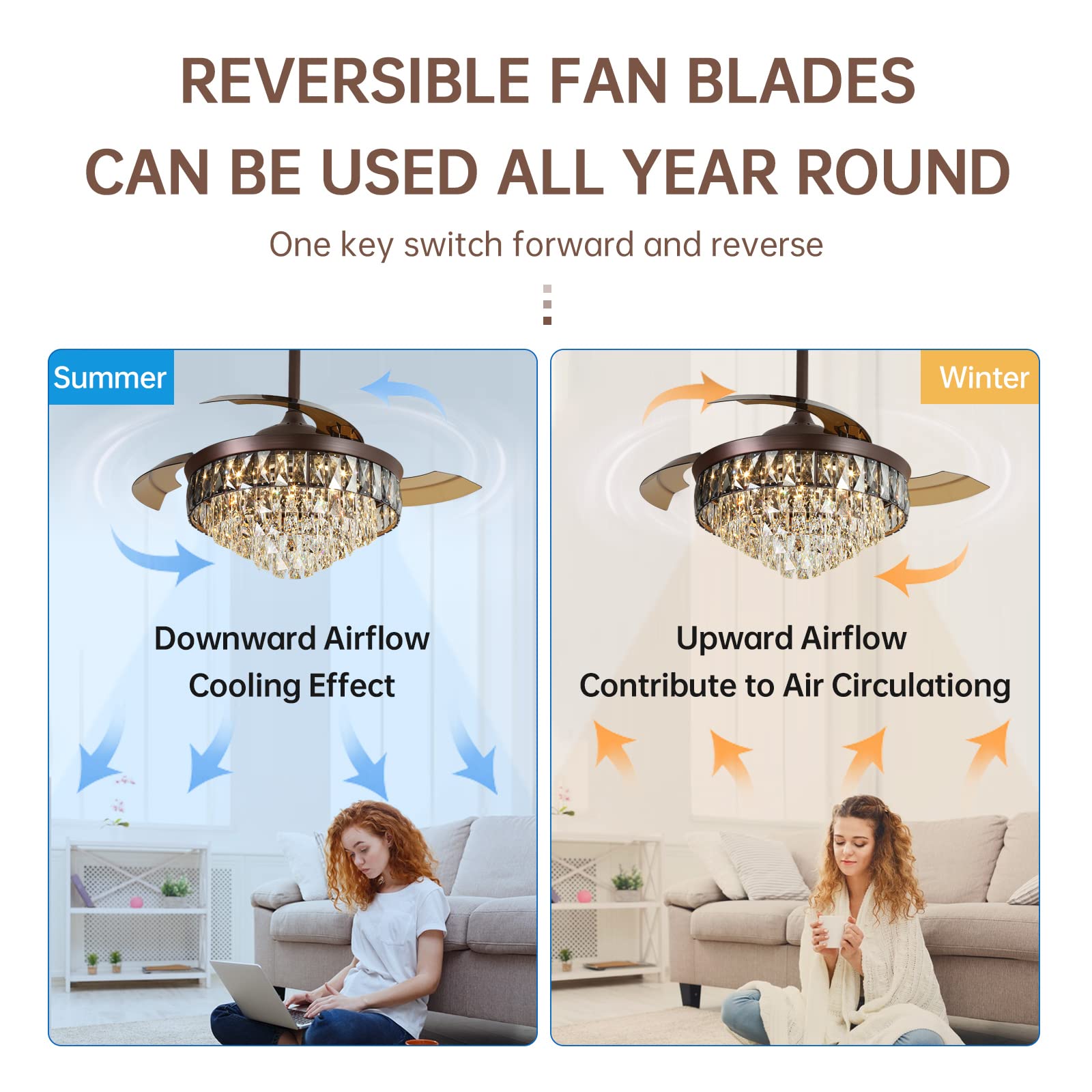 42"Chandelier Ceiling Fan Retractable Ceiling Fans With Lights And Remote Control 6 Speed 3 Changable Led Light Crystal Ceiling Fan Modern Light For Bedroom Indoor Living Room Coffee Luxury Abs Steel Q235