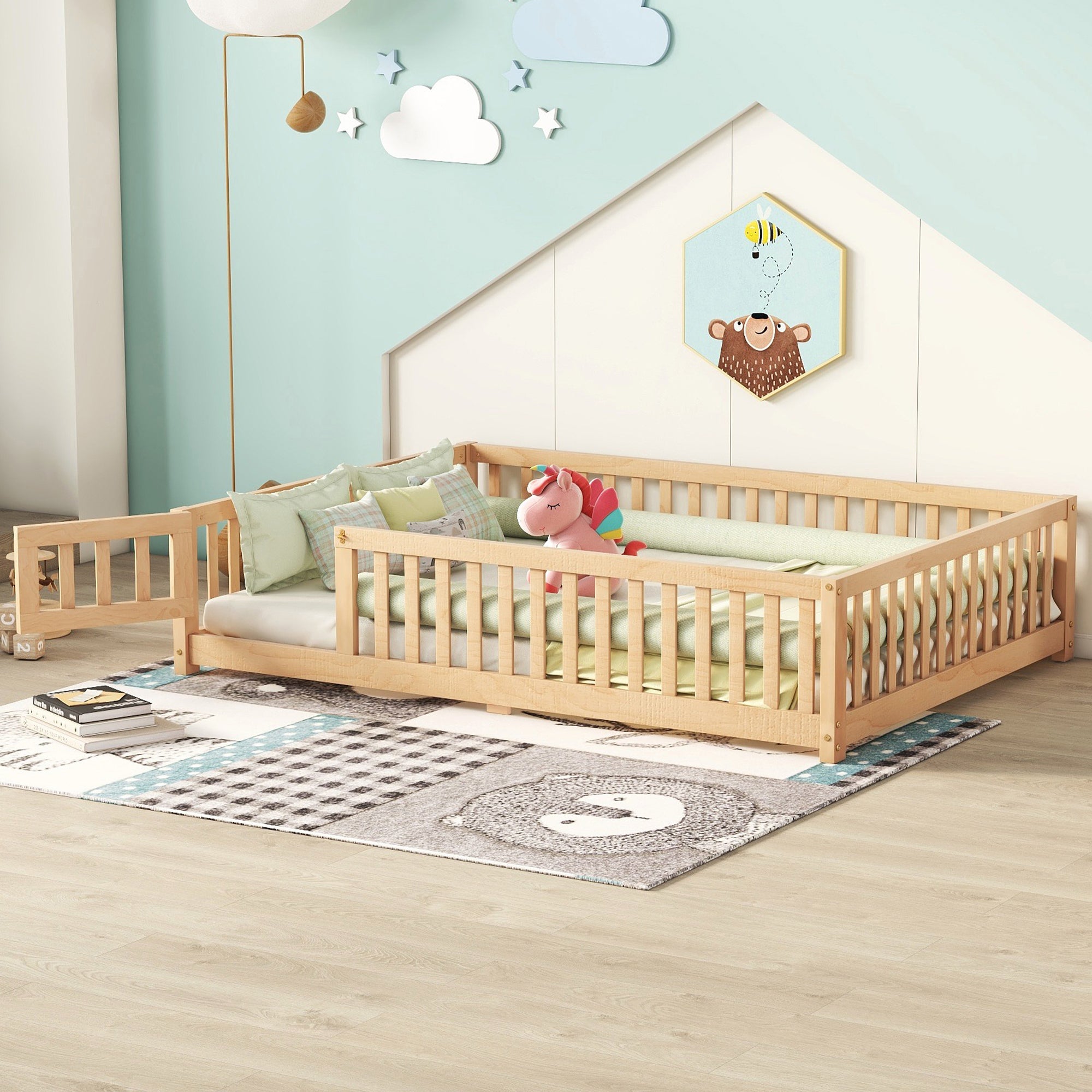 Full Size Bed Floor Bed With Safety Guardrails And Door For Kids, Natural Old Sku: W158090693 Full Natural Pine