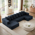 Chenille U Shaped Sectional Sofa Set,Minimalist Style Modular Sectional Sofa, Luxury Chenille Fabric Cloud Couch For Living Room Blue Chenille 6 Seat