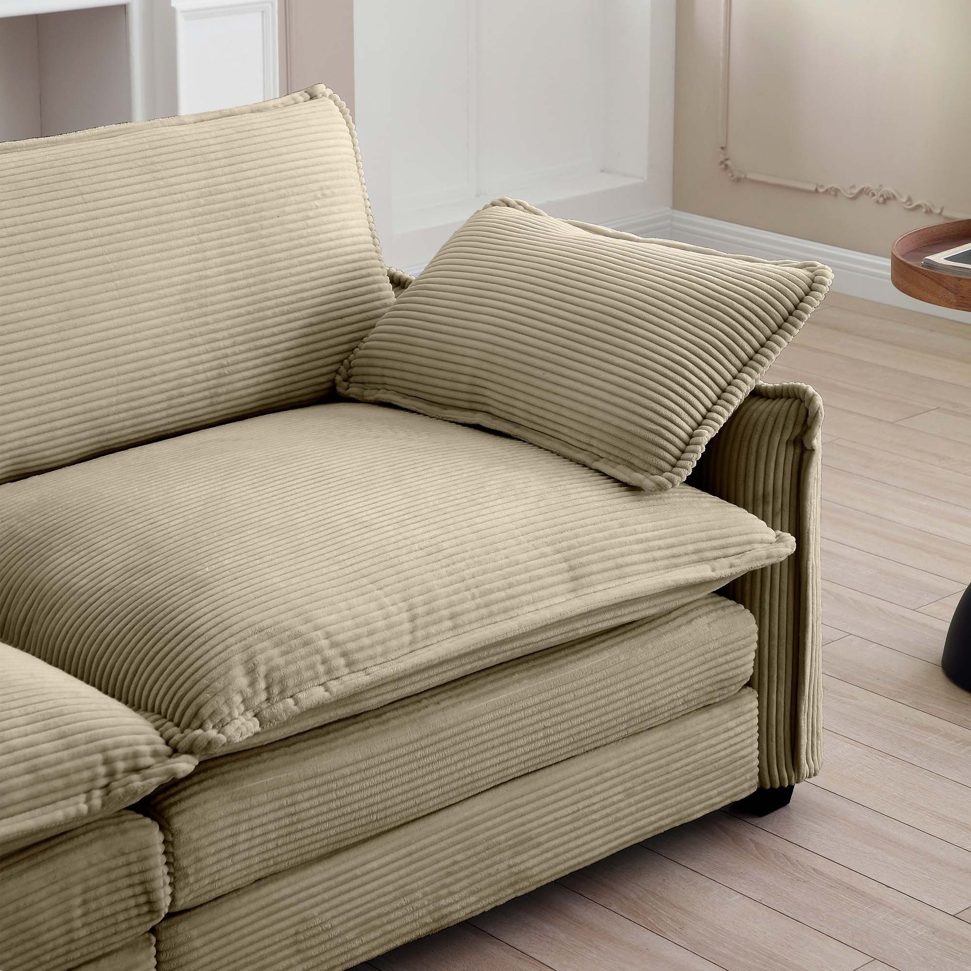 Mid Century Modern 3 Seater Sectional Sofa With 2 Arm Pillows And 3 Throw Pillows,Tan Corduroy Fabric Tan Corduroy 3 Seat