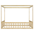 Full Size Canopy Frame Floor Bed With Fence, Guardrails,Natural Full Natural American Design Pine