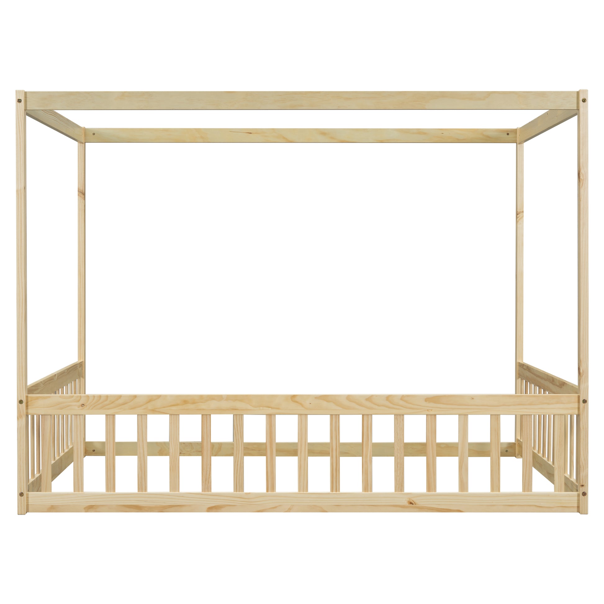 Full Size Canopy Frame Floor Bed With Fence, Guardrails,Natural Full Natural American Design Pine