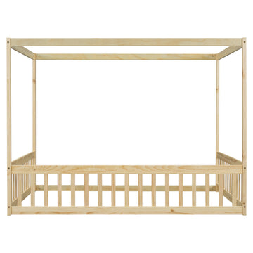 Full Size Canopy Frame Floor Bed With Fence, Guardrails,Natural Full Natural American Design Pine