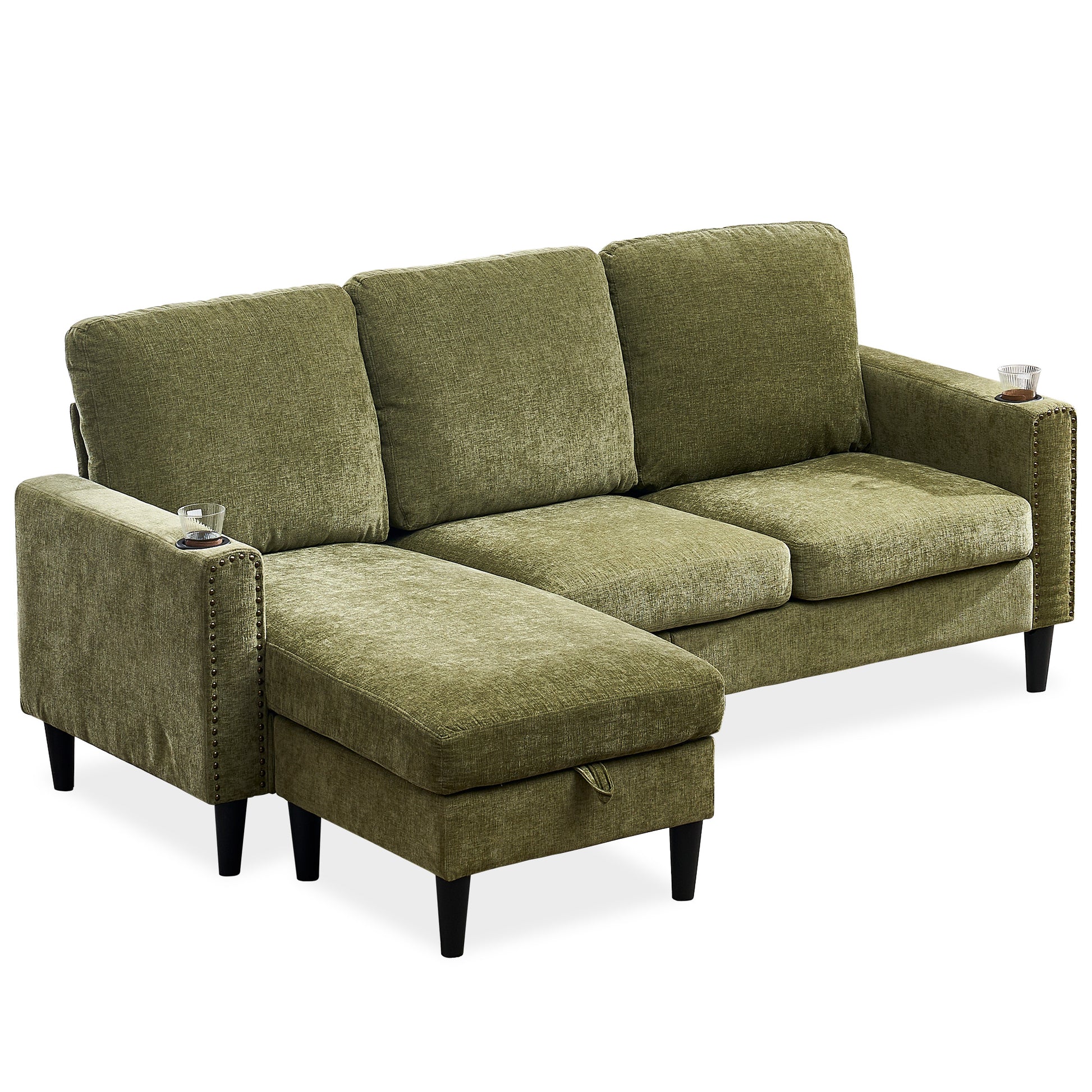 Modern Design Chenille 3 Seater L Shape Sectional Sofa With Storage Chaise For Apartment, Studio, Office,Living Room,L Shape Green Green Chenille Metal Primary Living Space Soft Modern Foam Foam