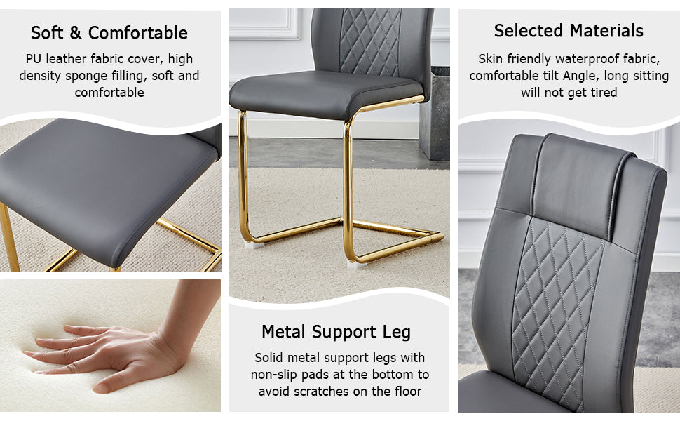 Table And Chair Set.Modern Rectangular Dining Table With Transparent Tempered Glass Tabletop And Gold Plated Metal Legs.Paried With 6 Comfortable Chairs With Pu Seats And Golden Metal Legs. Grey Gold,Transparent Seats 6 Glass Metal