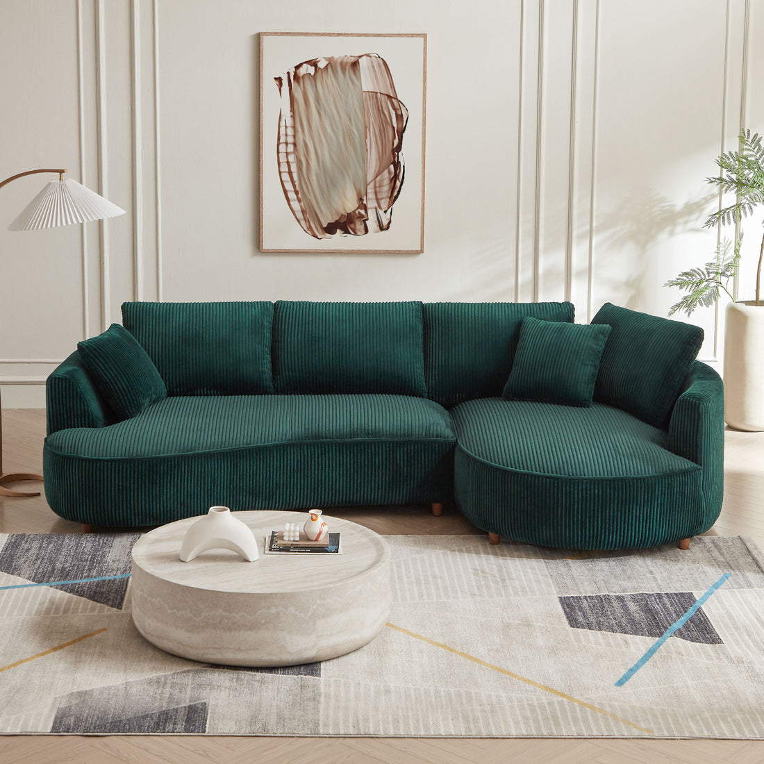 122.04 Inch Corduroy Upholstered Sectional Sofa With Right Facing Chaise For Living Room Office Corner Corduroy Modern Sofa Green Green Corduroy 3 Seat