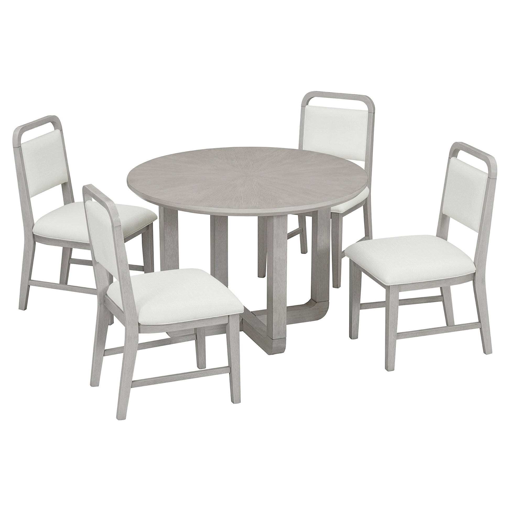 5 Piece Retro Dining Set, Round Table Top With Radial Wood Grain Design And 4 Upholstered Chairs For Dining Room And Kitchen Antique Gray Antique Gray Solid Wood Mdf