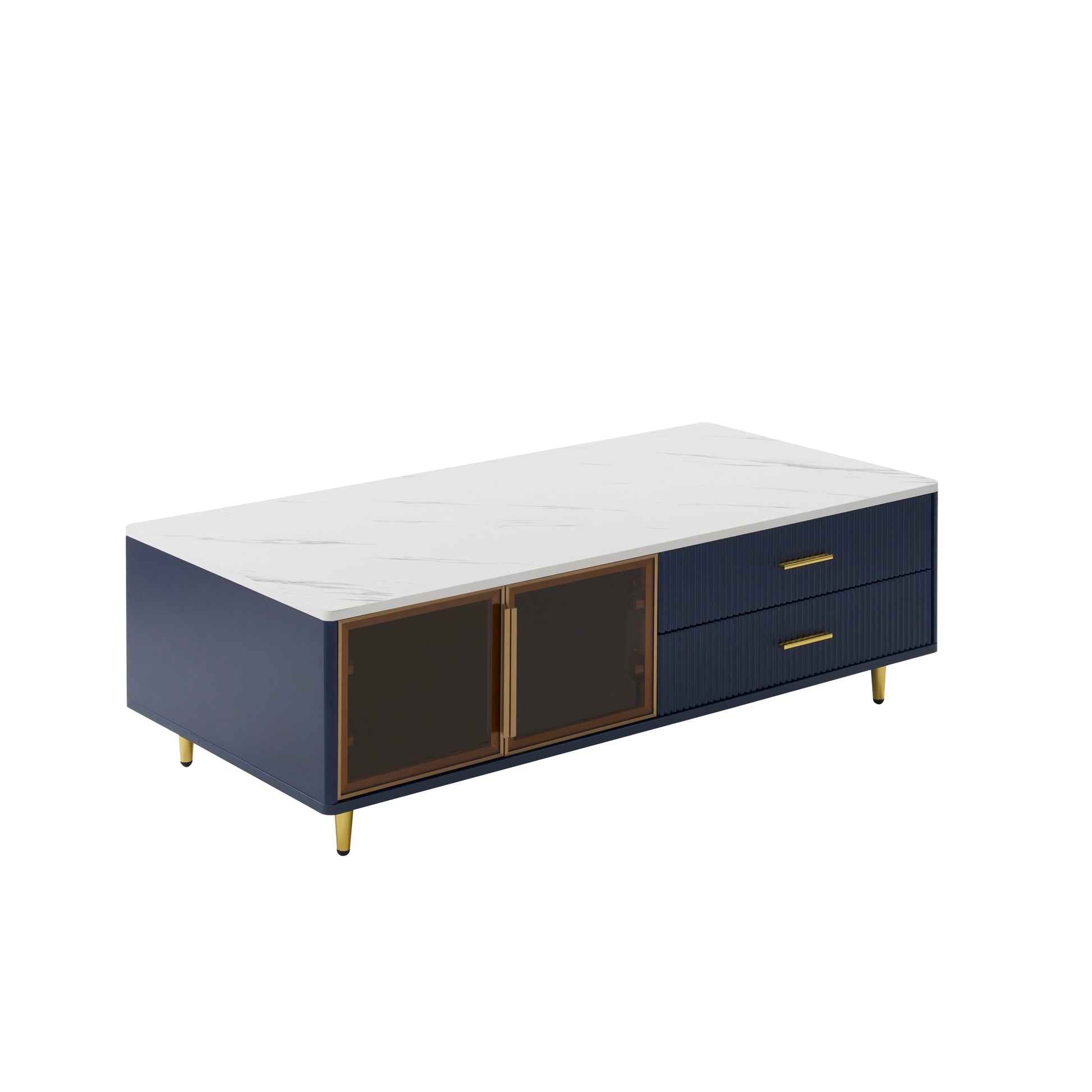 Modern Navy Blue Coffee Table With 2 Glass Door Storage, 4 Drawers, Gold Metal Legs, And Multi Color Lighting In 47.2'' Navy Blue Drawers Mdf