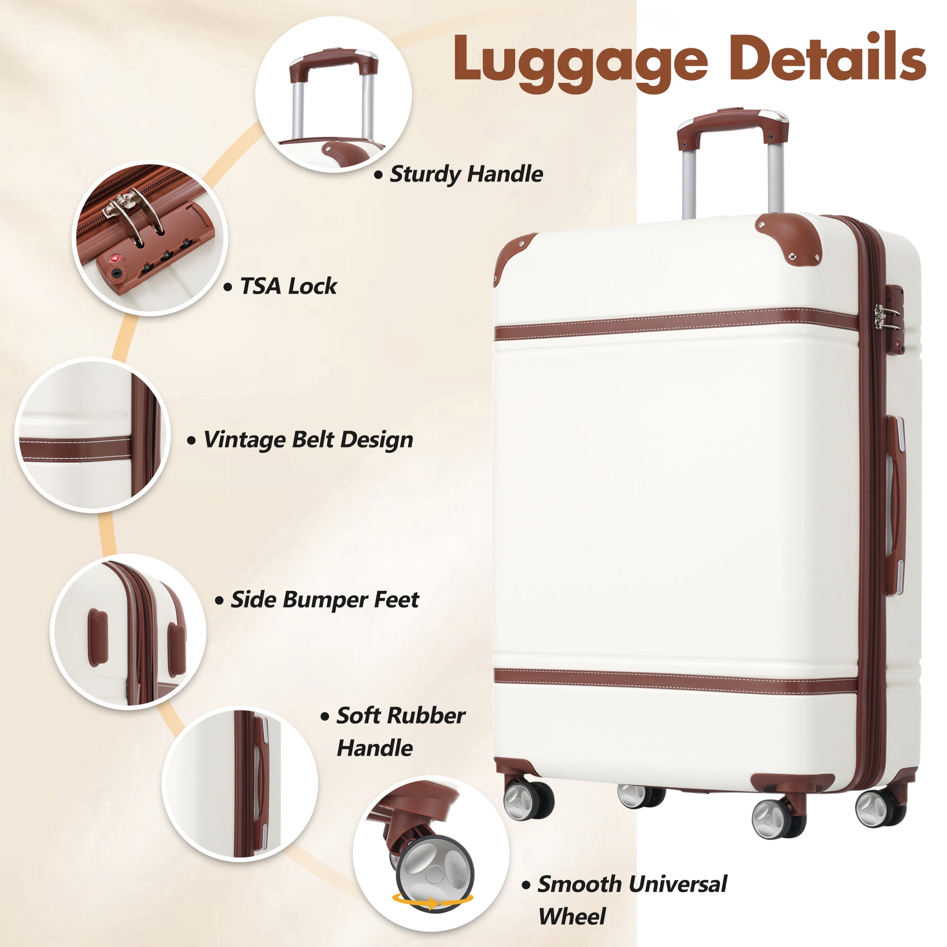 Hardshell Luggage Sets With Bags Lightweight Suitcase Double Spinner Wheels With Tsa Lock ,Single Vintage Luggage 28 In,White White Abs