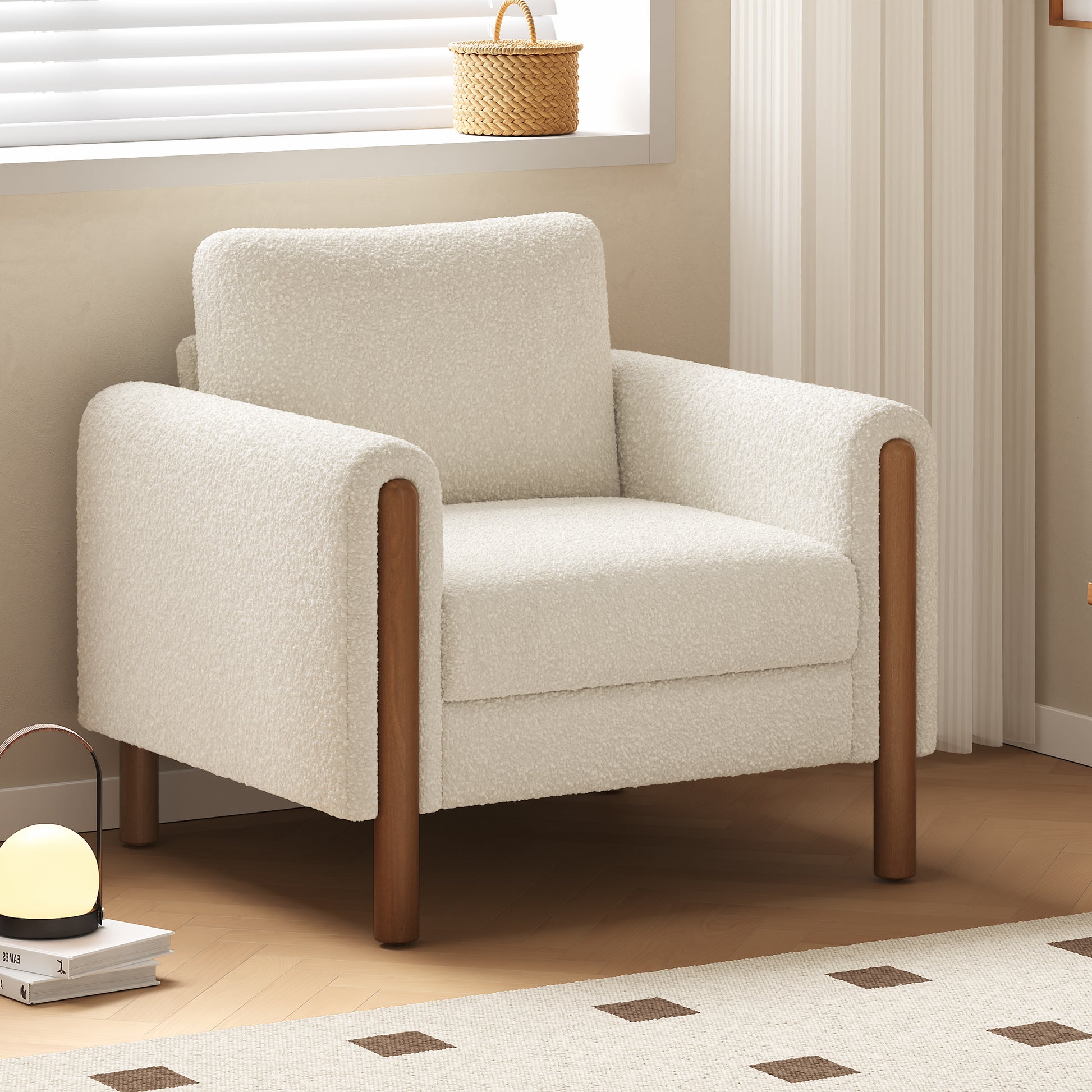 Oversized Accent Chair, Upholstered Living Room Chairs Single Sofa Chair With Walnut Legs, Curved Handrail, White White Teddy