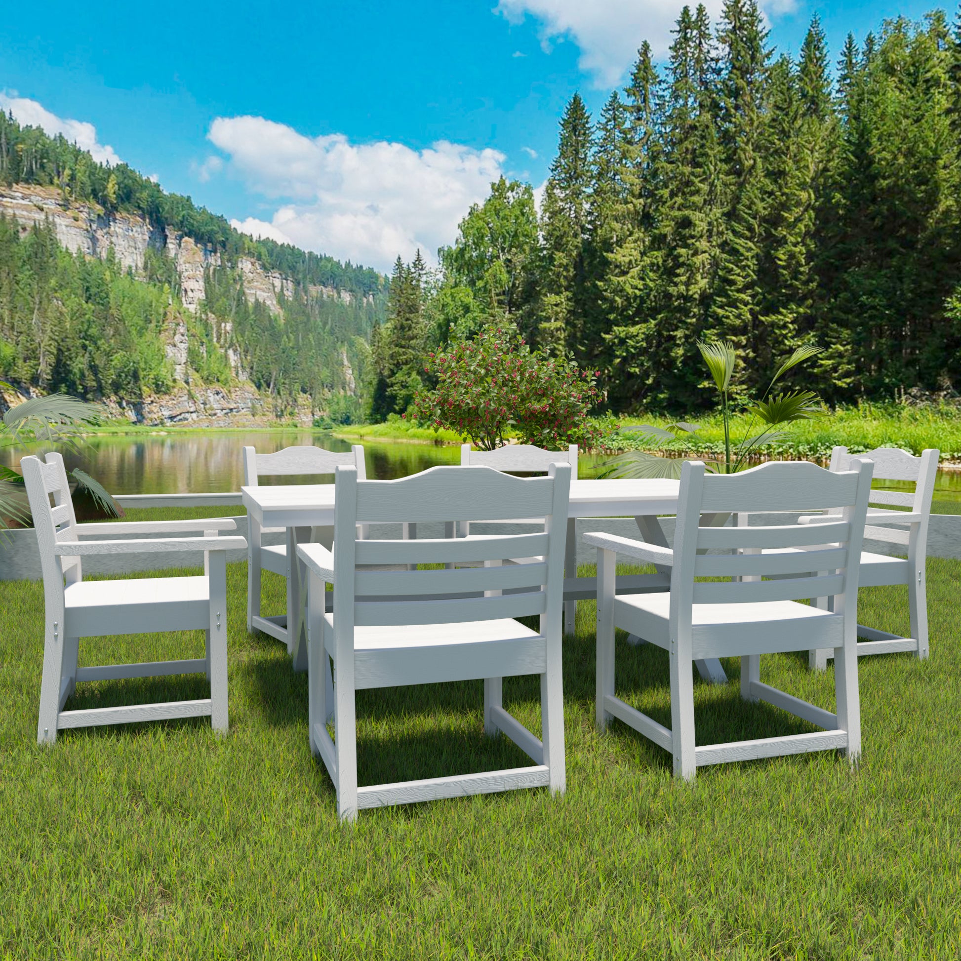 Patio Dining Chair With Armset Set Of 2, Pure White With Imitation Wood Grain Wexture,Hips Material White Hdpe