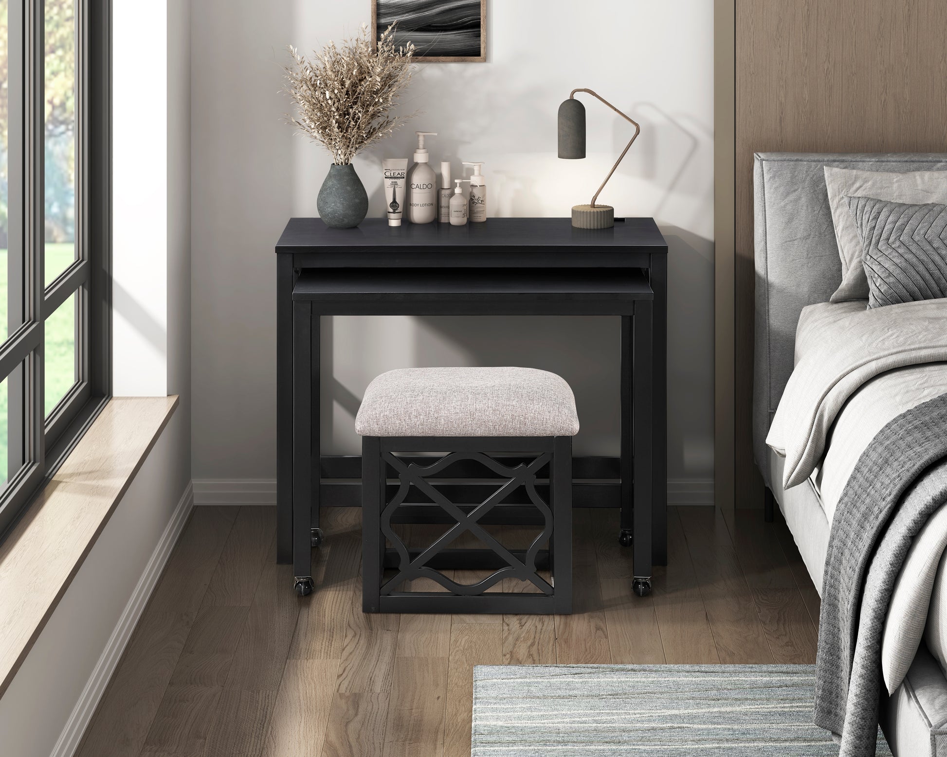 Desks And Stool Set 3Pc Black Finish Rolling Desk With Casters, 2 Charging Ports Home Office Furniture Black Primary Living Space Contemporary Desk Rectangular Wood