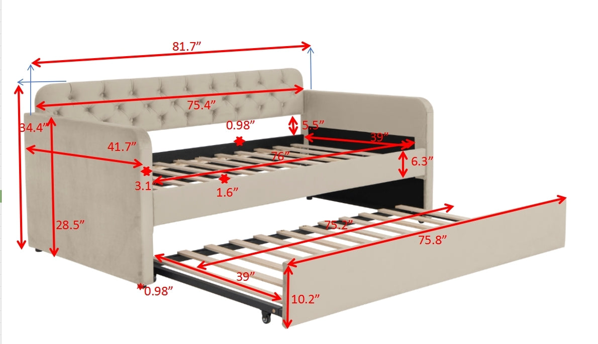 Twin Size Upholstered Daybed With Trundle And Usb Charging Design, Velvet Upholstered Daybed Frame, Twin Sofa Bed For Living Room Bedroom, No Box Spring Needed,Plush Velvet Fabric Light Beige 2# Box Spring Not Required Twin Light Beige Wood Bedroom