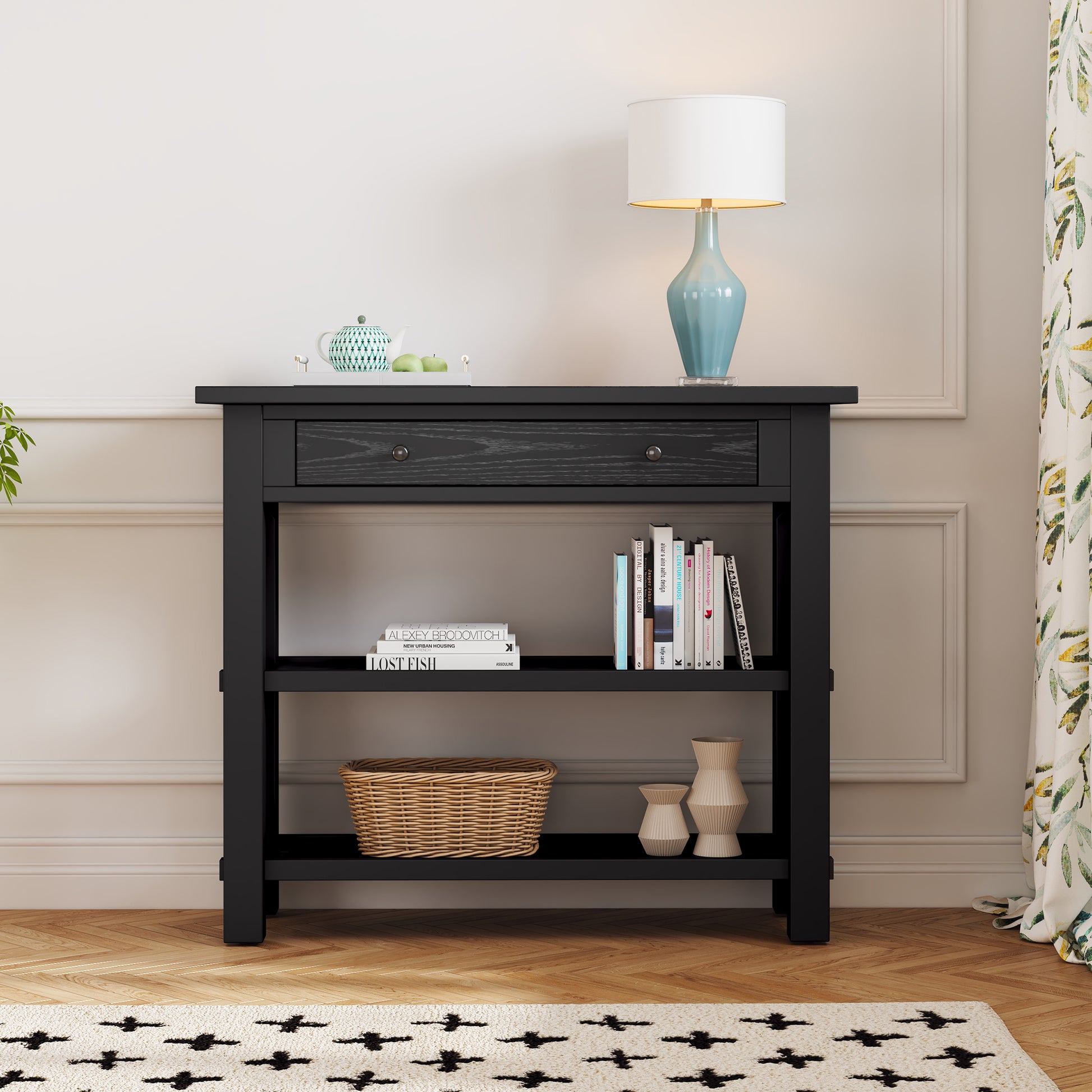 Retro Console Table With Drawer And Two Sturdy Shelves For Entryway, Living Room Black Black Mdf,Rubber Wood