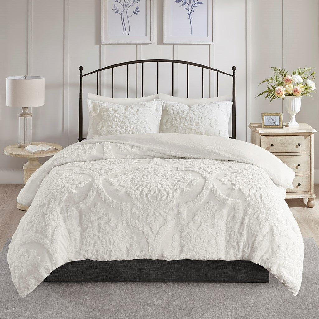 3 Piece Tufted Cotton Chenille Da Duvet Cover Set Queen Off White Cotton