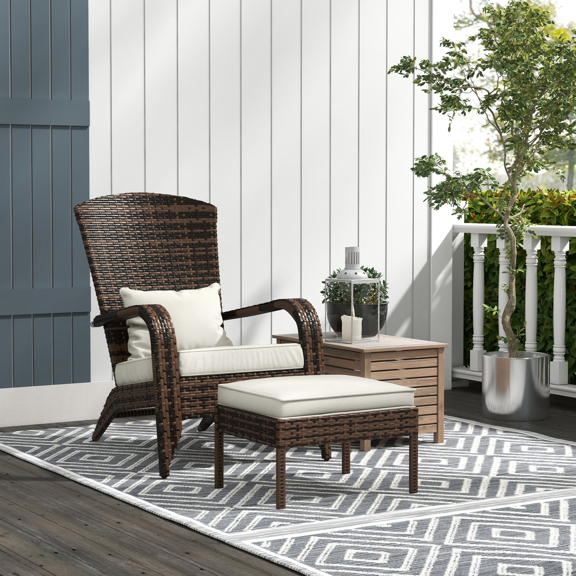 Outsunny Patio Wicker Adirondack Chair With Ottoman, Outdoor Fire Pit Chair With Cushions, High Back, Large Seat & Armrests For Deck, Garden & Backyard, Cream White White Steel