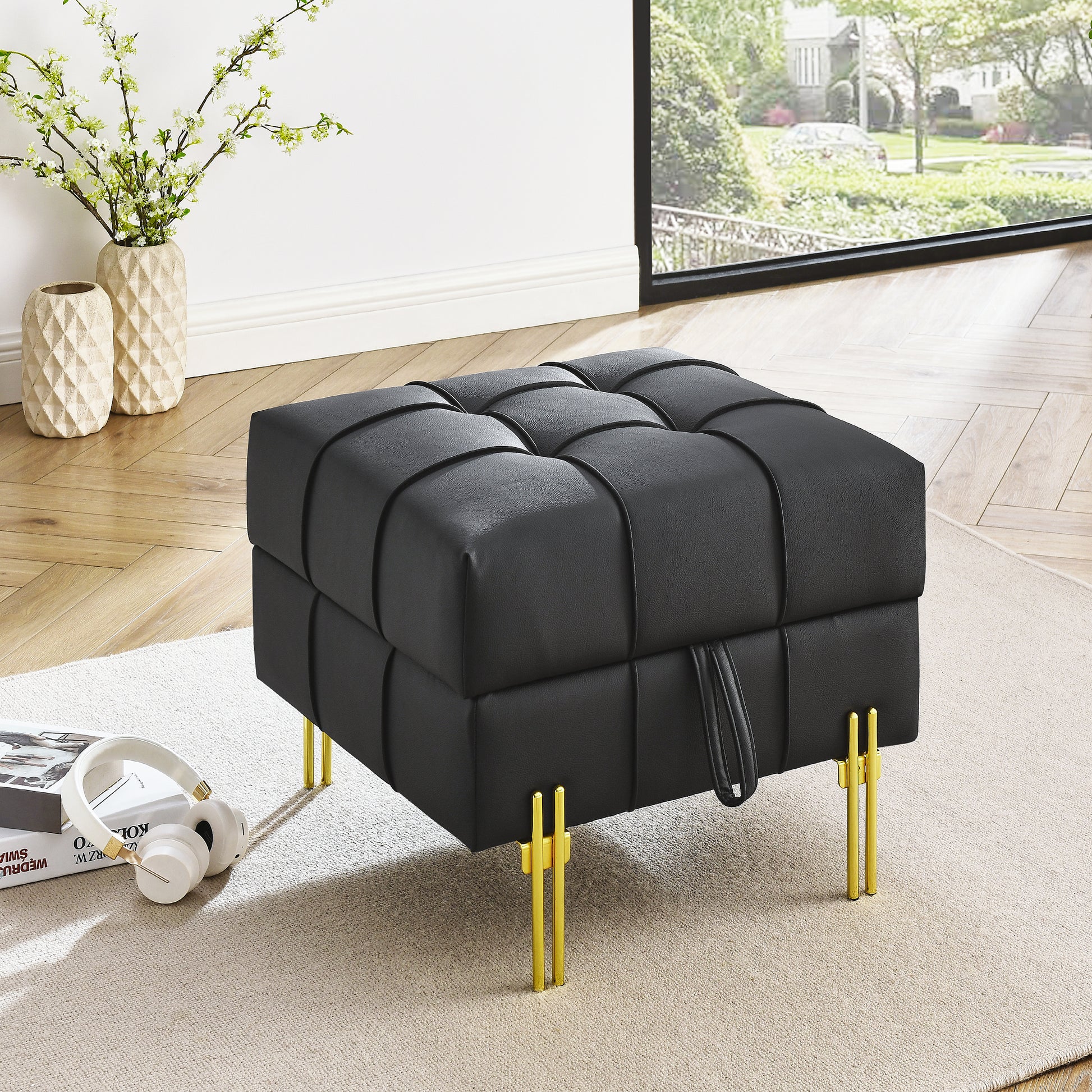 22 Inches Anti Scratch Leather Storage Ottoman, Pet Friendly Entryway Bench With Golden Stainless Steel Legs, Black Black Pu Leather