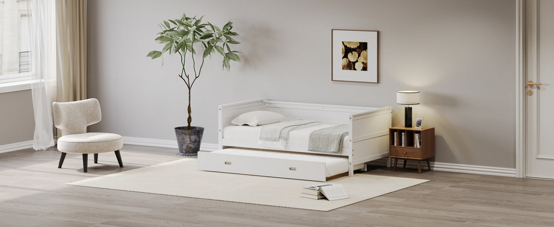 Twin Size Solid Wood Daybed With Trundle For Kids Teens Dorm Bedroom Multipurpose Guest Room Or Home, White Box Spring Not Required Twin White Wood Bedroom Pine Wood