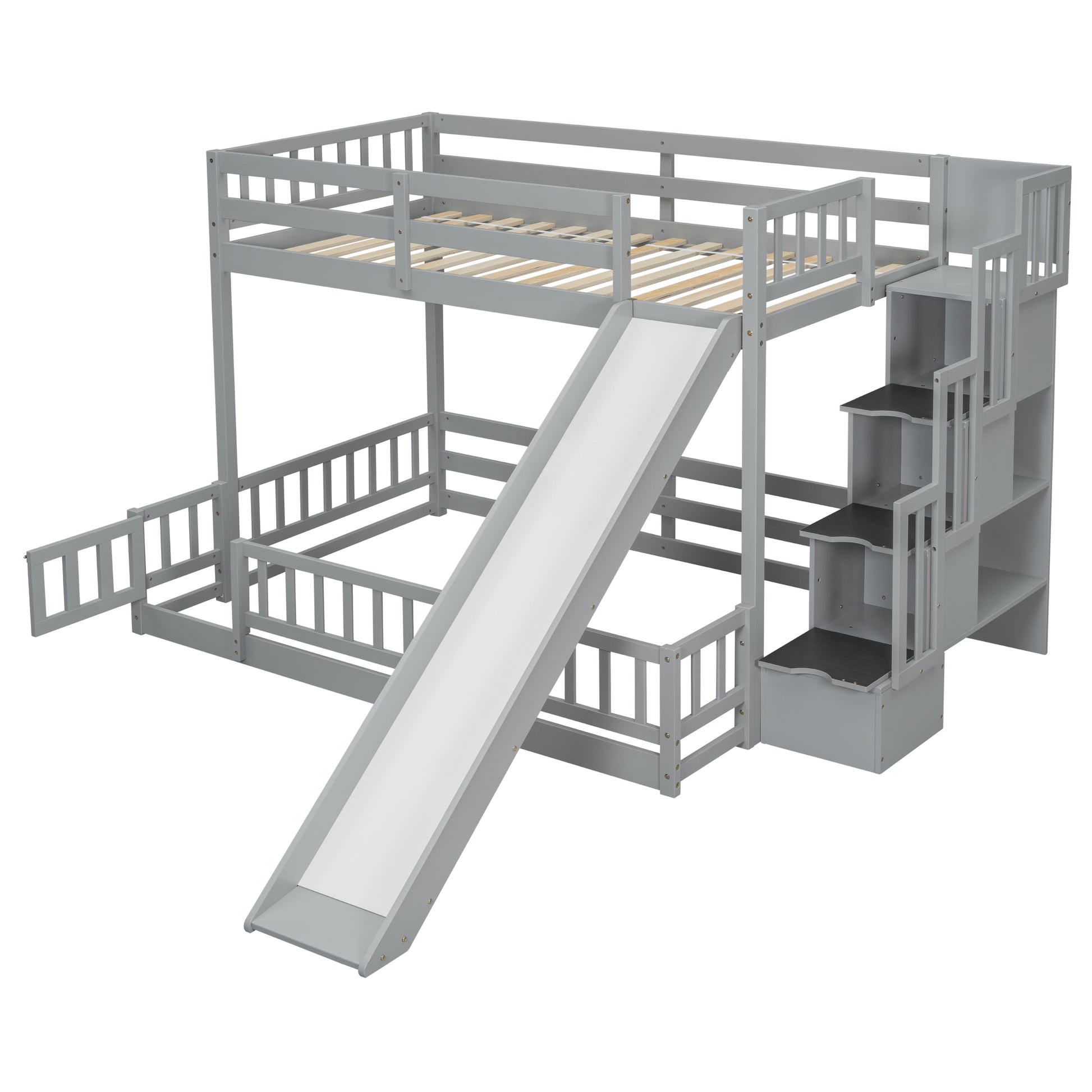 Twin Over Full Bunk Bed With Slide, Storage Staircase, Pine Solid Wooden Bunk Bed With Safety Guardrails ,Grey Grey Pine