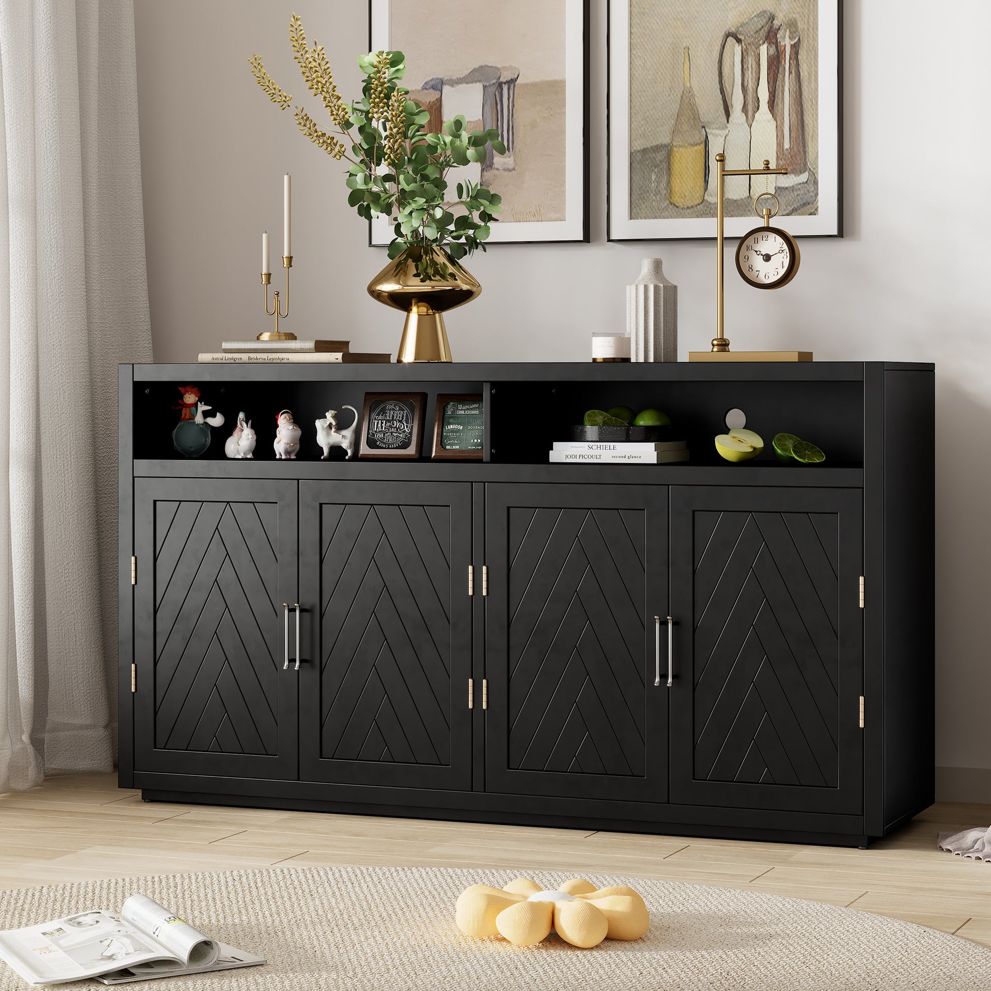 4 Door Classic Sideboard With Open Storage And Adjustable Shelves Perfect For Kitchens, Living Rooms Black Black Mdf