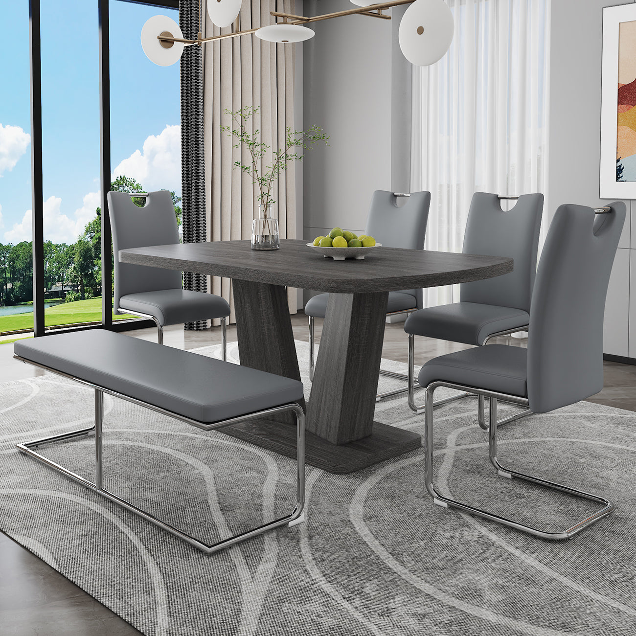 Dining Table Set For 6, 6 Piece Dining Table Set, Wood Veneer Tabletop And Modern Design Mdf Base With 4 Pu Leather Ergonomic Dining Chairs&1 Bench Metal Grey Modern Mdf Metal