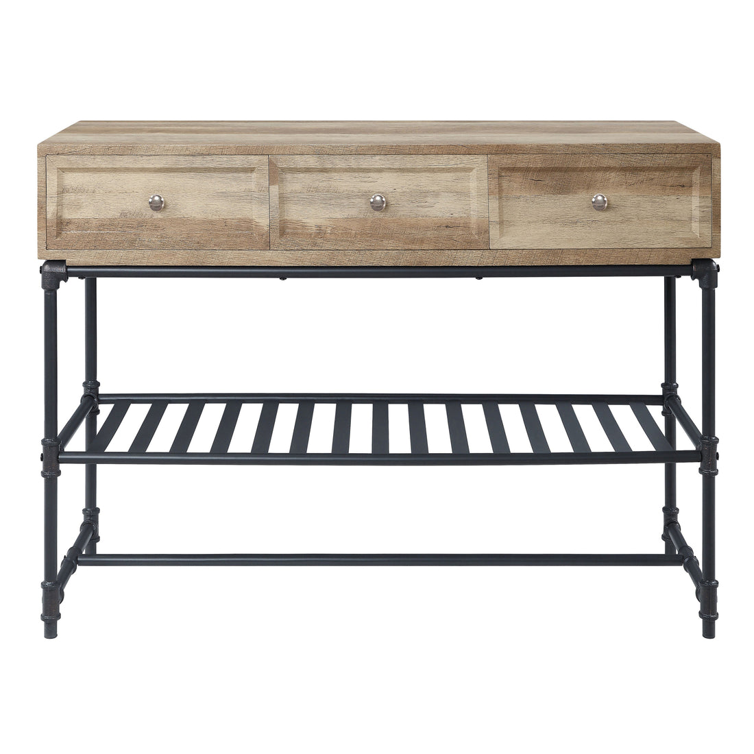 Mankato Oak And Sandy Black Sofa Table Oak Primary Living Space Modern Drawers Rectangular Wood Metal