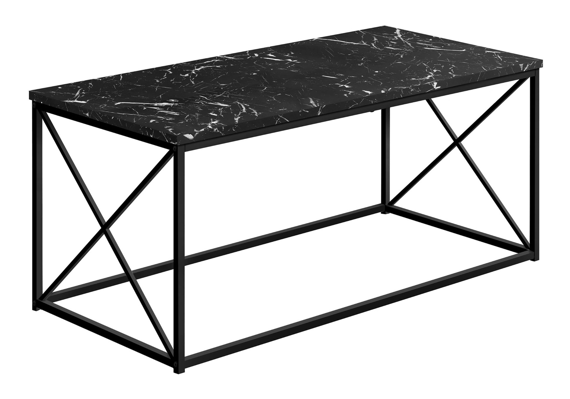 Coffee Table, Accent, Cocktail, Rectangular, Living Room, 40"L, Black Marble Look Laminate, Black Metal, Contemporary, Modern Black Particle Board