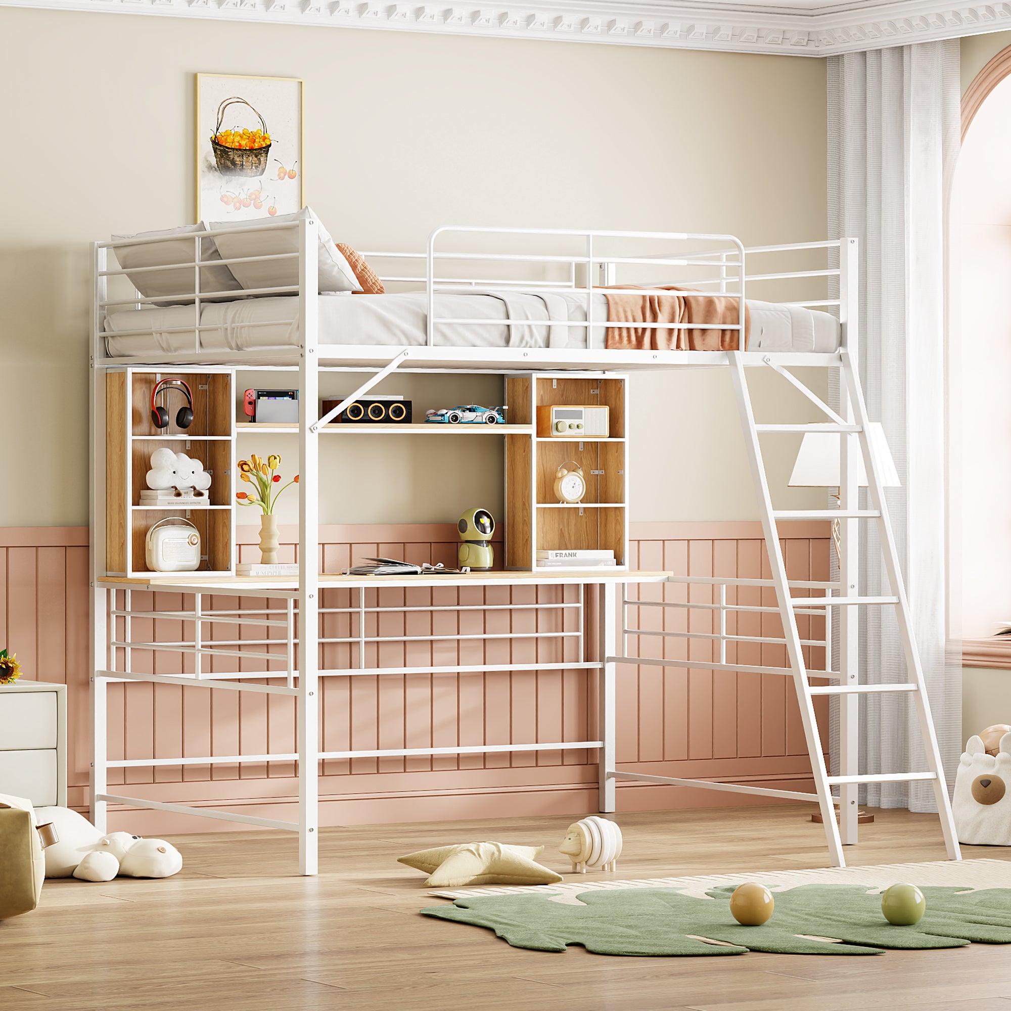 Full Size Loft Bed With Desk And Shelf, Loft Bed With Ladder,Full,White Full White Metal