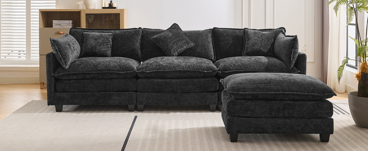 112.2" L Shape Chenille Upholstered Sofa For Living Room Modern Luxury Sofa Couch With Ottoman And 5 Pillows For Living Room Sg001160Aa , Black Black Foam 4 Seat