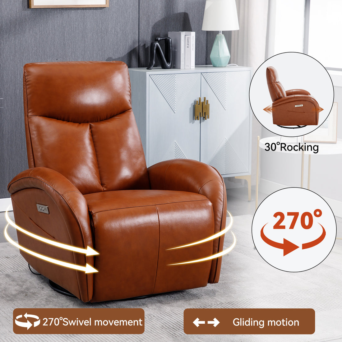 Yellow Brown Genuine Leather Swivel And Rocker Power Recliner Chair With Lumbar Support, Max Swivel Degree 270 , Heavy Duty Motion Mechanism With Usb And Type C Brown Genuine Leather Power Push Button Metal Primary Living Space Medium Firm Pillow Back