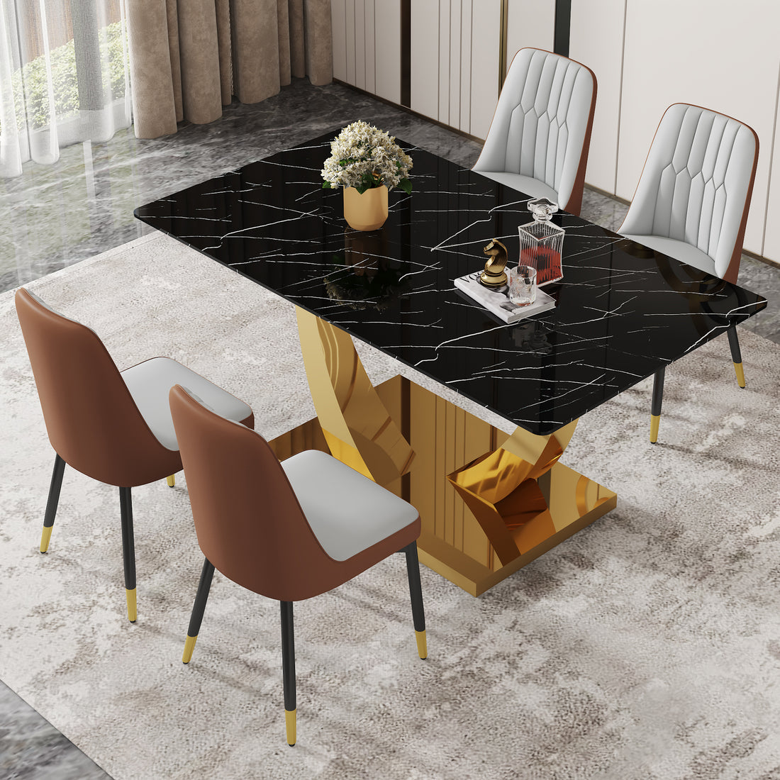 Table And Chair Set.Modern Rectangular Dining Table With Black Textured Stickers Glass Tabletop And Gold Plated Metal Legs.Paried With 4 Comfortable Chairs With Pu Seats And Black Metal Legs. Black Gold,Brown,Light Gray Seats 4 Glass Metal