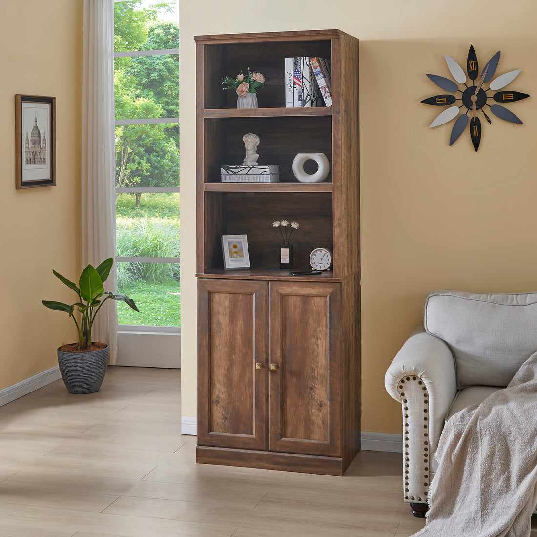 1 Doors Bookshelf With Usb Port And 3 Open Shelves Bookcase Side Cabinet Storage Shelves, Rustic Brown Brown Pine