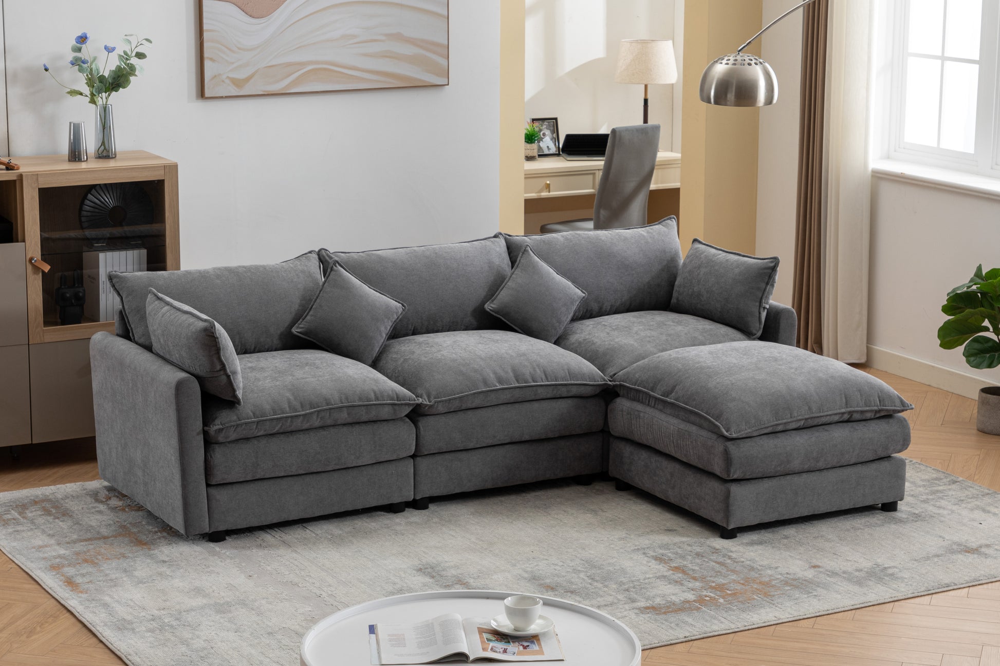 Modular Sectional Sofa, 3 Seater Sofa With Ottoman, Modern L Shaped Sofa For Living Room Bedroom Apartment Grey Chenille 3 Seat