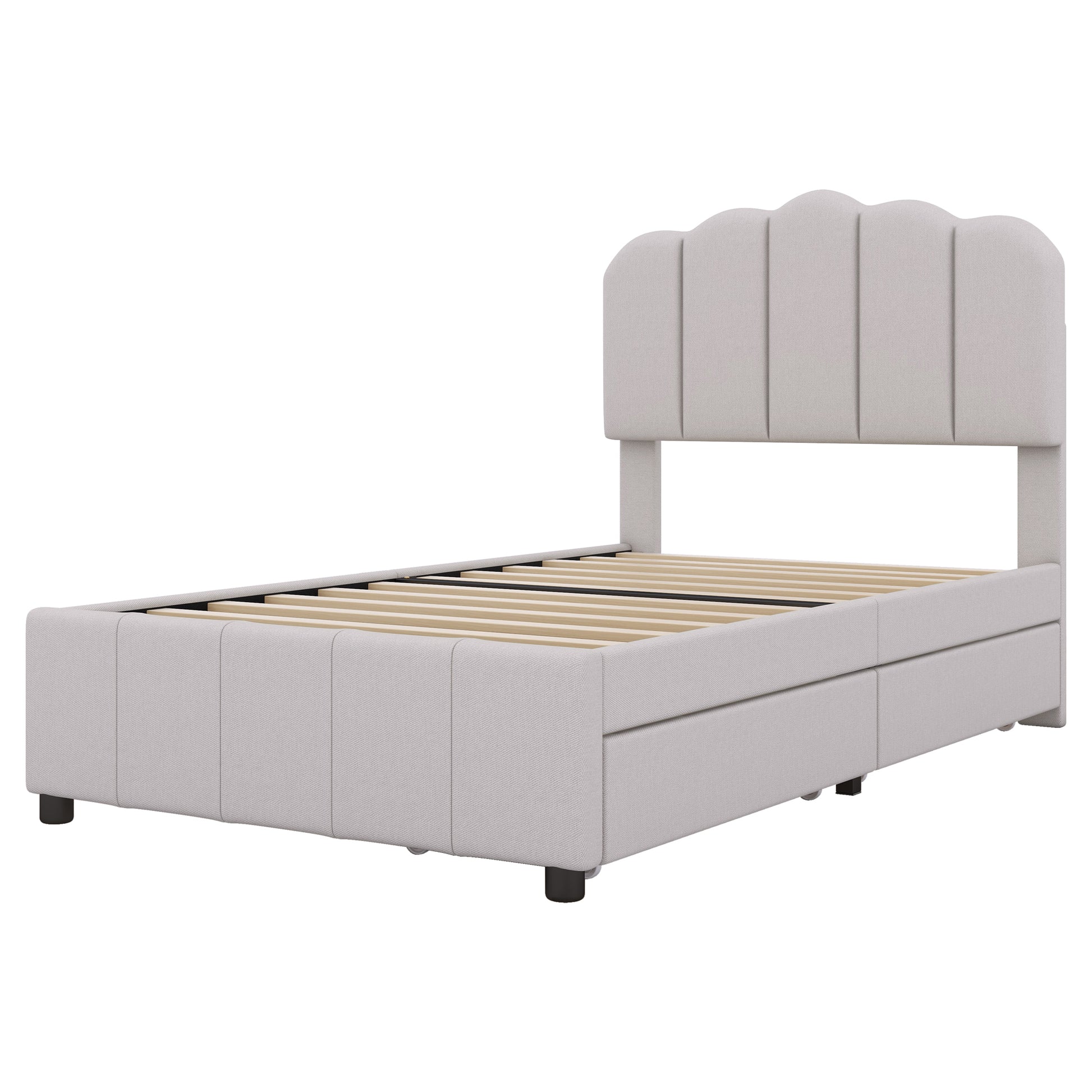 Twin Size Upholstered Bed With 2 Storage Drawers,Wood Slat Support, Beige Twin Beige Upholstered