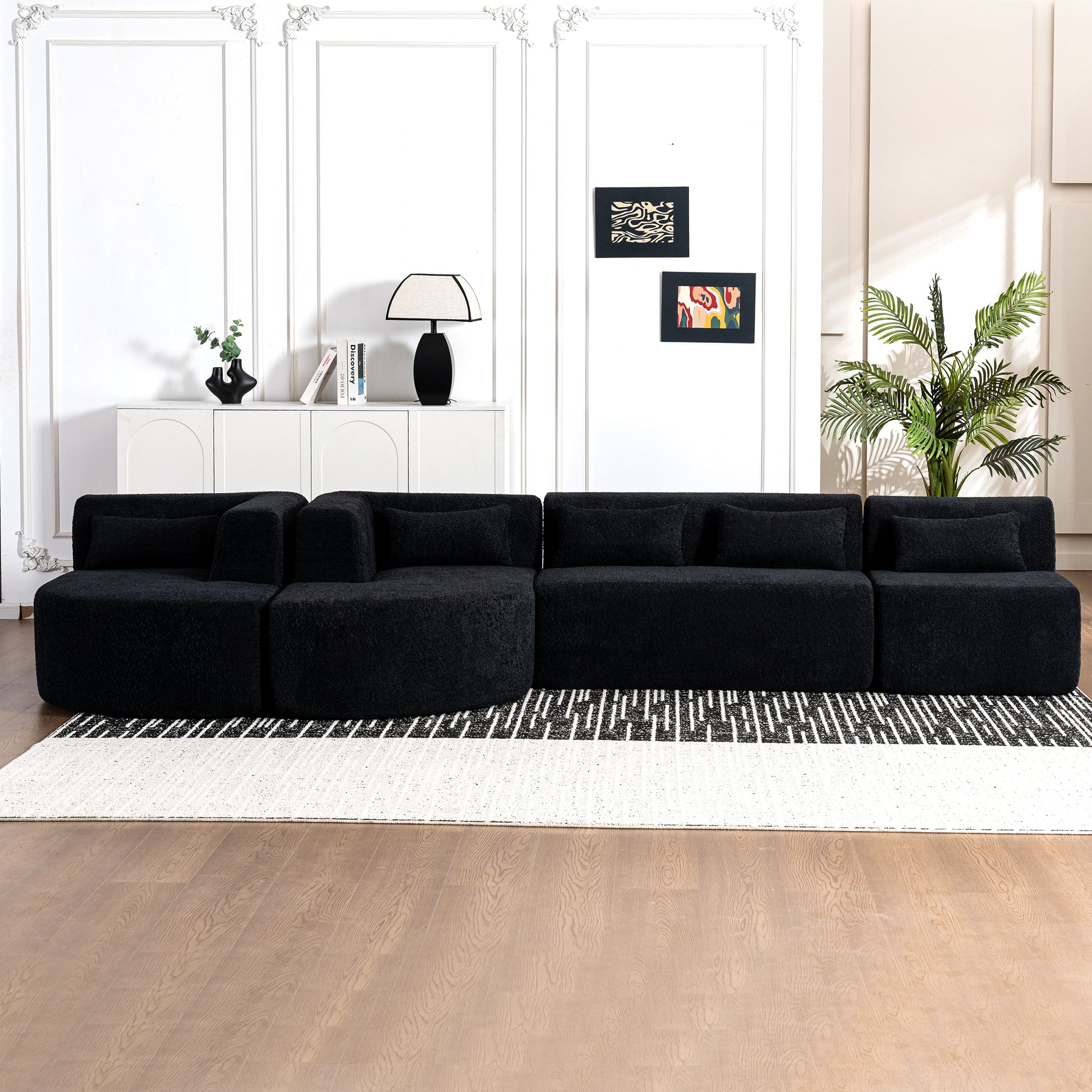 143.7" Upholstered Sofa Free Combined Sofa Couch With Two Chaise Lounge And Five Back Pillows For Living Room, Black Black Foam Polyester 5 Seat