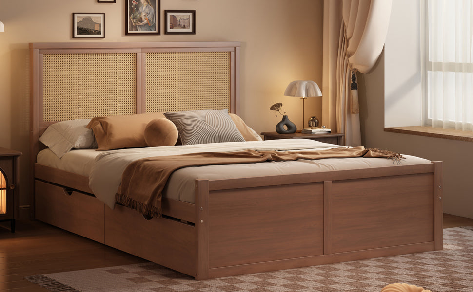 Queen Size Wood Storage Platform Bed With 4 Drawers, Rattan Headboard, Espresso Box Spring Not Required Queen Antique Espresso Wood Bedroom Bed Frame Wood Rattan