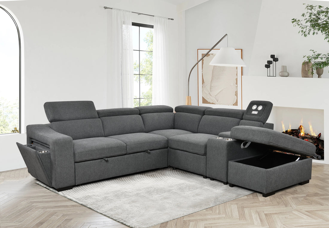 105"L Shape Sectional Sofa With Pull Out Bed And Ottoman Storage Space, Right Chaise Longue,Convertible Sleeper Couch, Tea W 2 Cup Holders & Storage & W Led, For Living Room, Apartment, Dark Gray