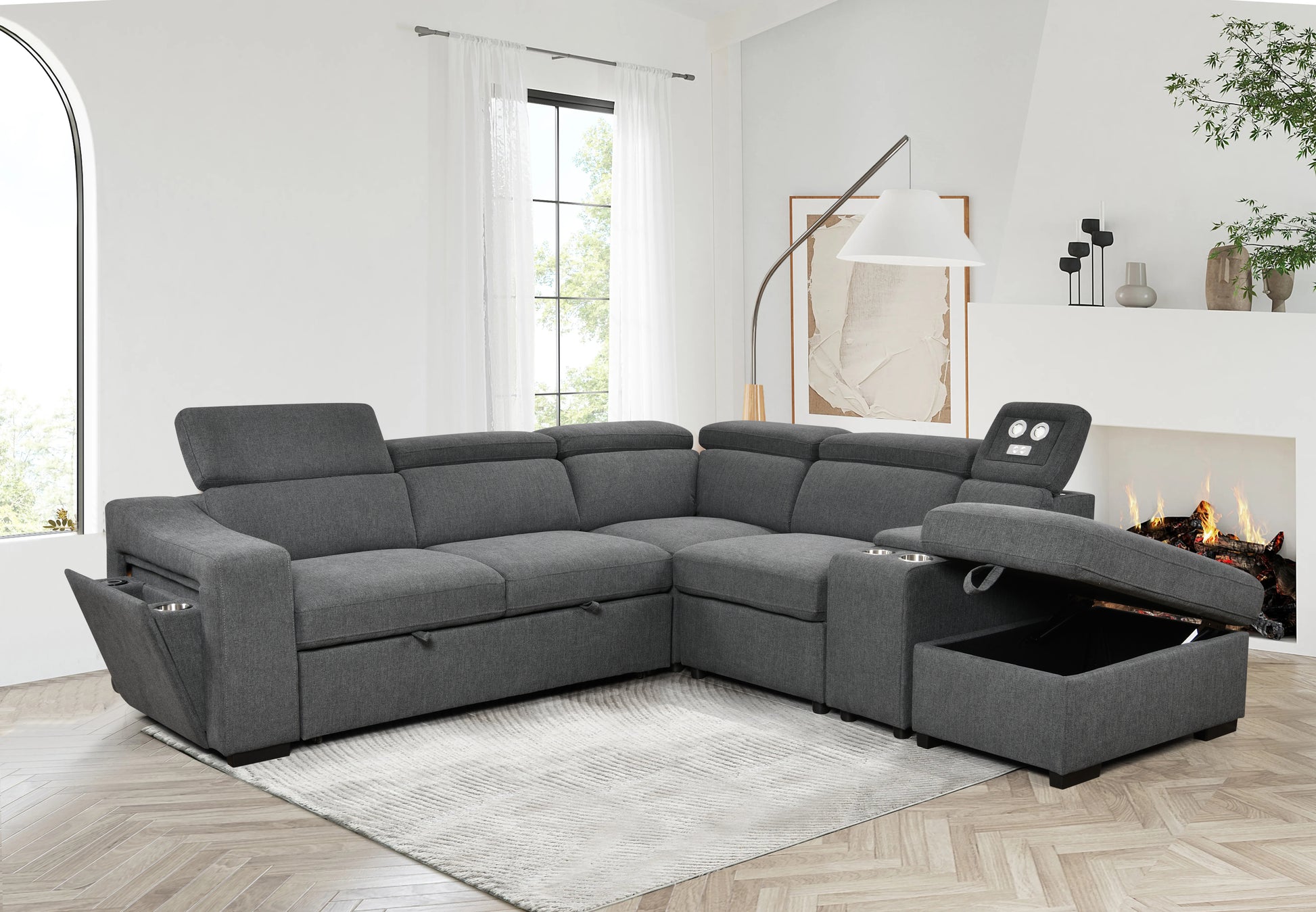 105"L Shape Sectional Sofa With Pull Out Bed And Ottoman Storage Space, Right Chaise Longue,Convertible Sleeper Couch, Tea W 2 Cup Holders & Storage & W Led, For Living Room, Apartment, Dark Gray