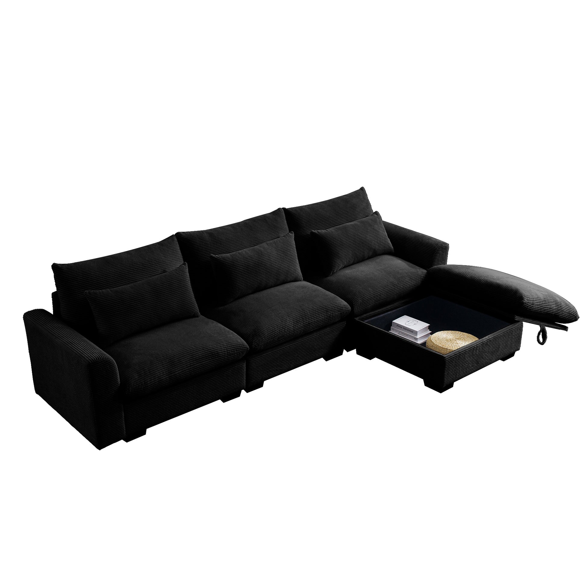 Corduroy Sectional Sofa, L Shaped Couch With Storage Footstool And 3 Pillow, Sectional Couch For Living Room Apartment, Black Black Corduroy 3 Seat