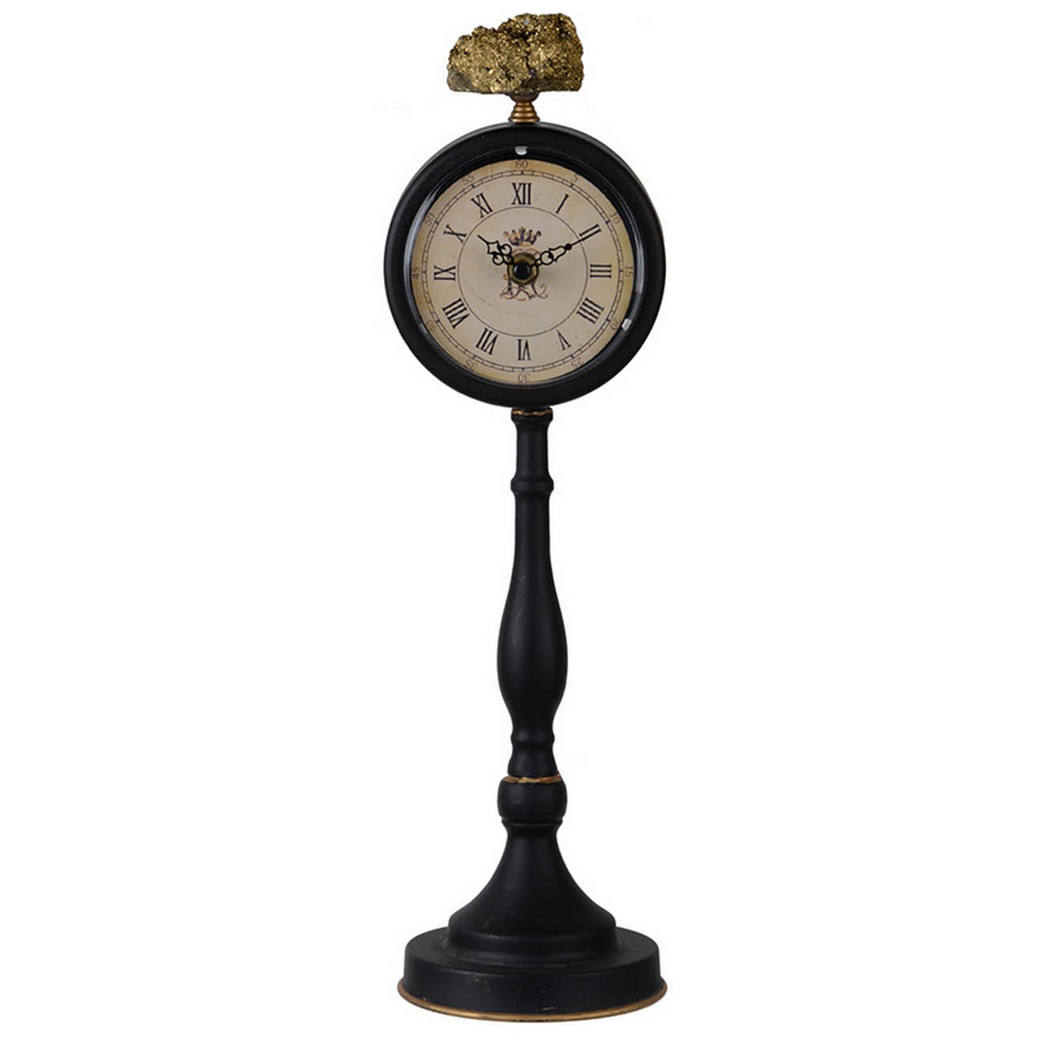 16 Inch Decorative Table Clock, Pedestal Stand, Black Metal, Stone Accent Black Gold Metal