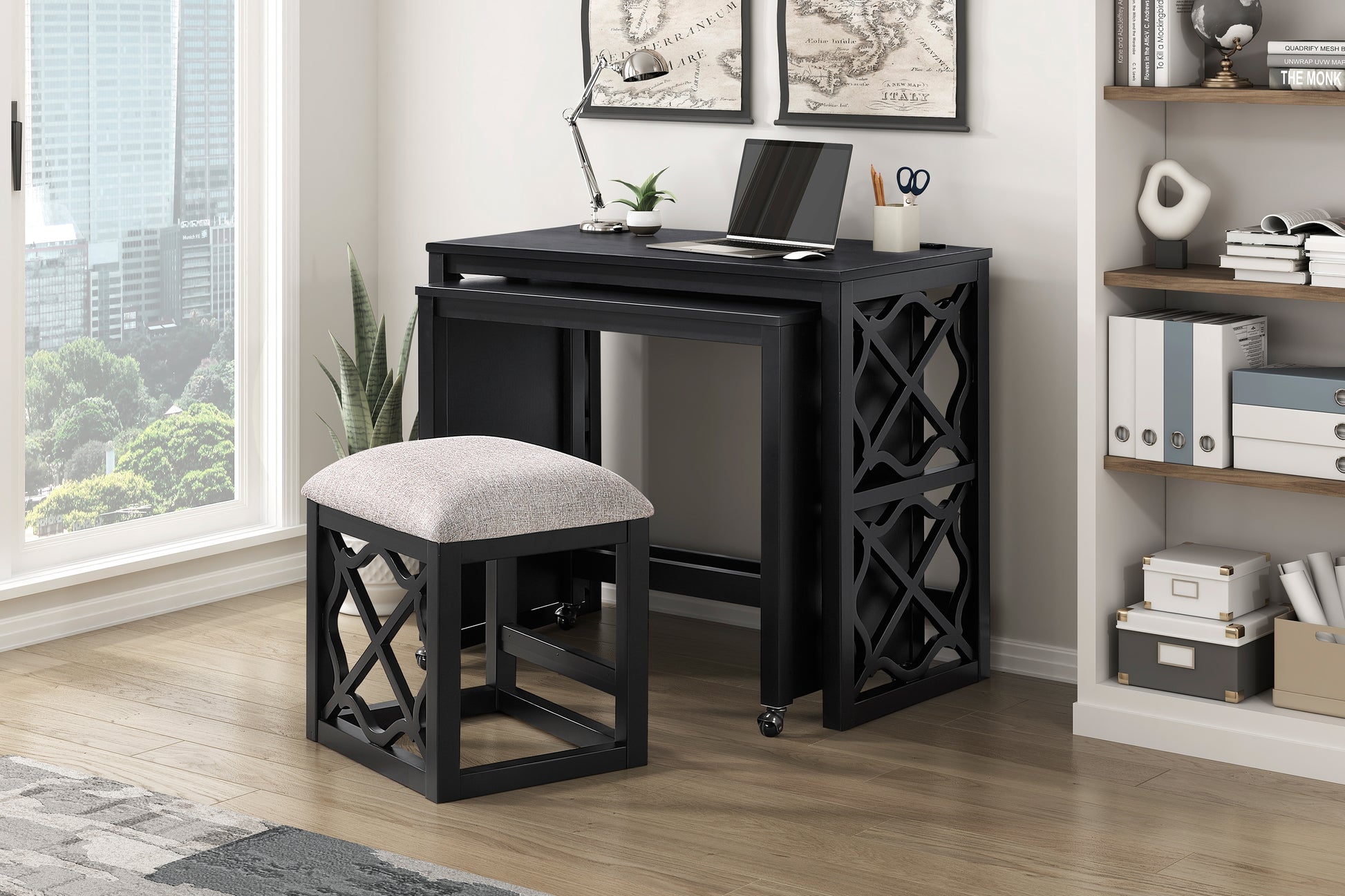 Desks And Stool Set 3Pc Black Finish Rolling Desk With Casters, 2 Charging Ports Home Office Furniture Black Primary Living Space Contemporary Desk Rectangular Wood