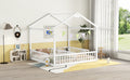 Double Twin House Style Floor Bed With Fence, Guardrails, Without Door, White Twin White American Design Pine