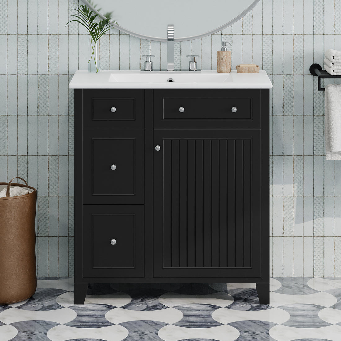 30 Inch Bathroom Vanity Cabinet With Ceramic Basin, Double Layer Drawer, Deep Drawer And Adjustable Shelf Black Bathroom Solid Wood Mdf