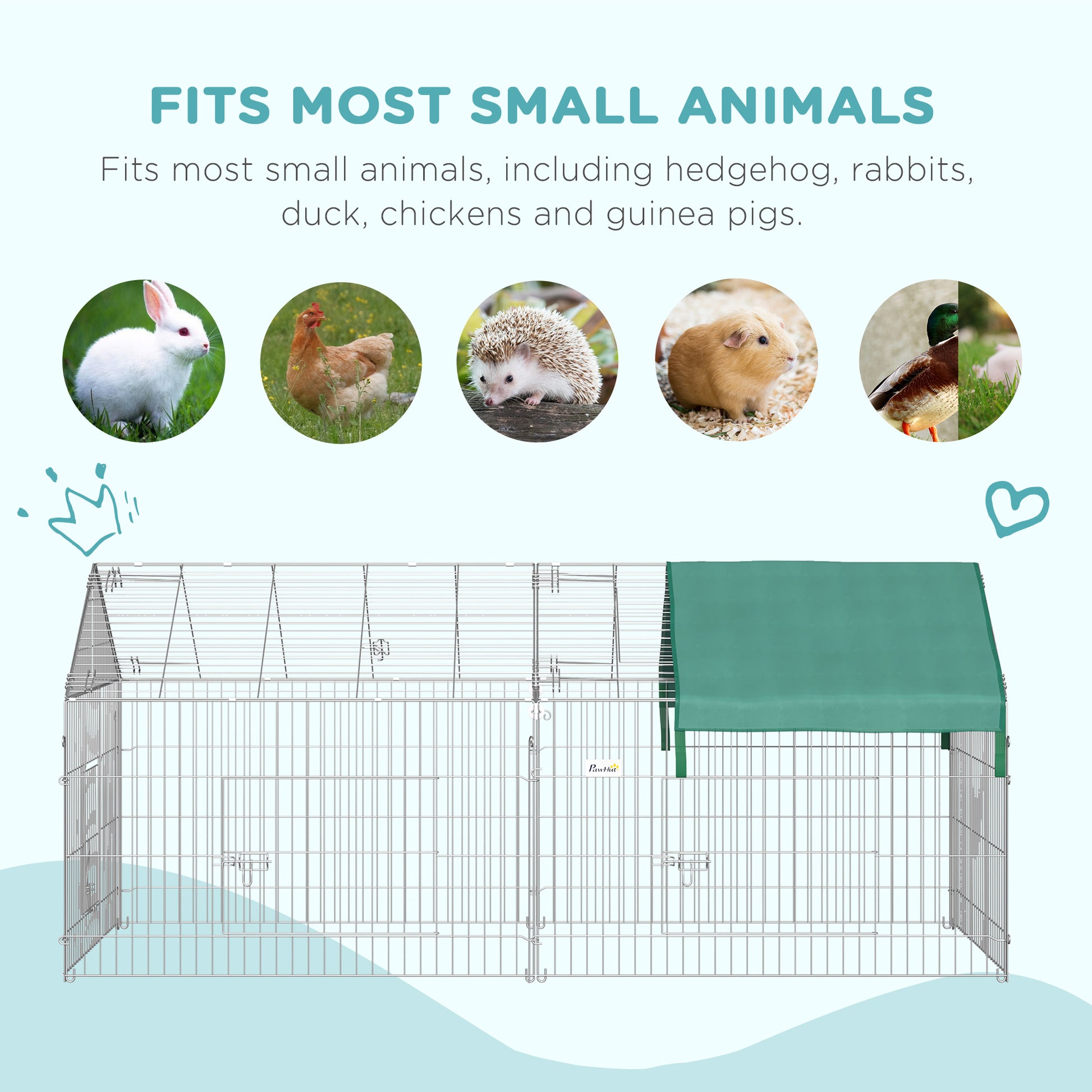 Pawhut 87" Small Animal Playpen, Pet Playpen Yard Fence For Rabbits, Chicken, Chinchillas With Roof For Indoor & Outdoor, Green Silver Metal