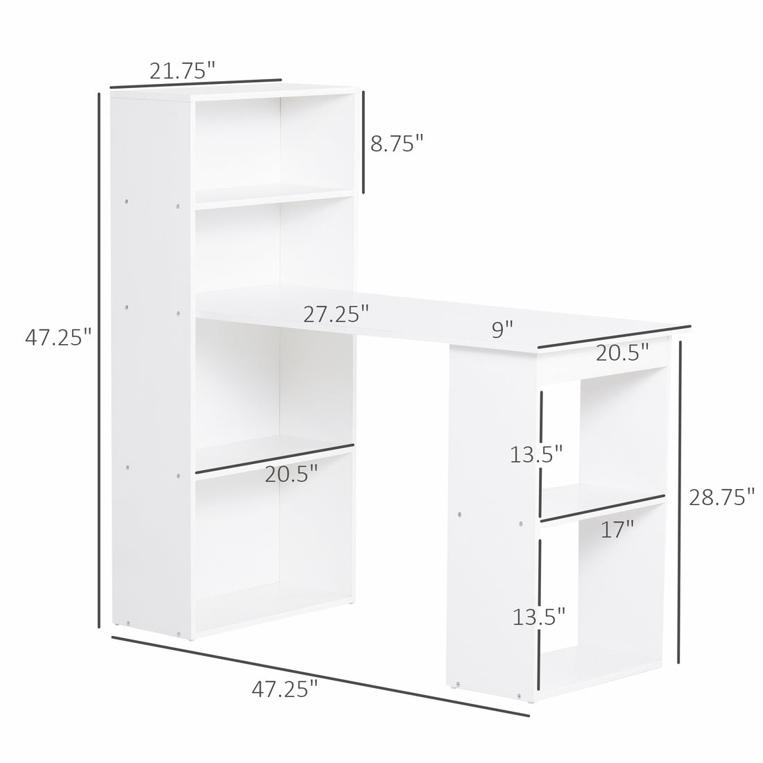 Homcom Modern Home Office Desk With 6 Tier Storage Shelves, 47" Writing Table With Bookshelf, White White Engineered Wood