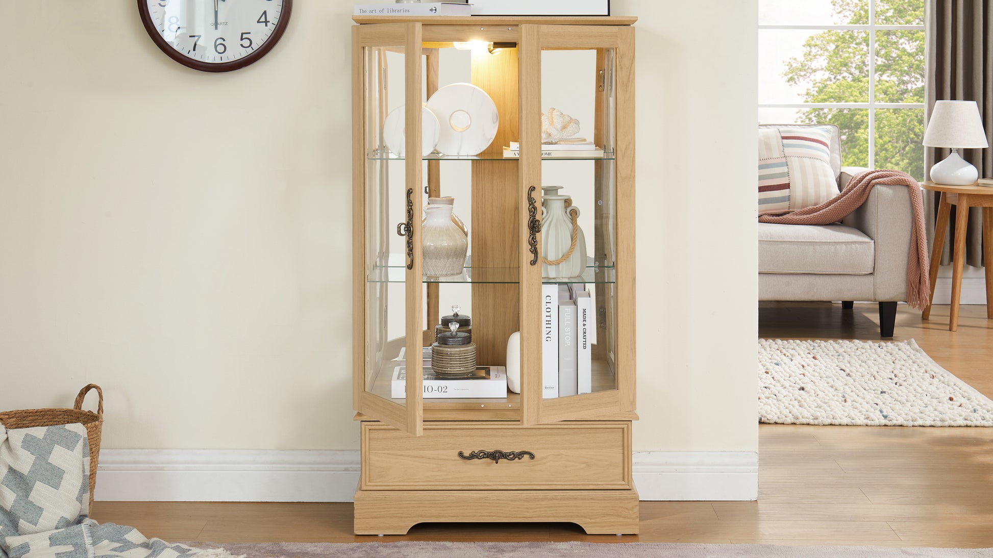 Glass Cabinet Lighted Glass Cabinet Curio Display Cabinet With Adjustable Glass Shelves 2 Doors And 1 Drawer Cabinet Bulb Included Oak Oak Mdf Glass