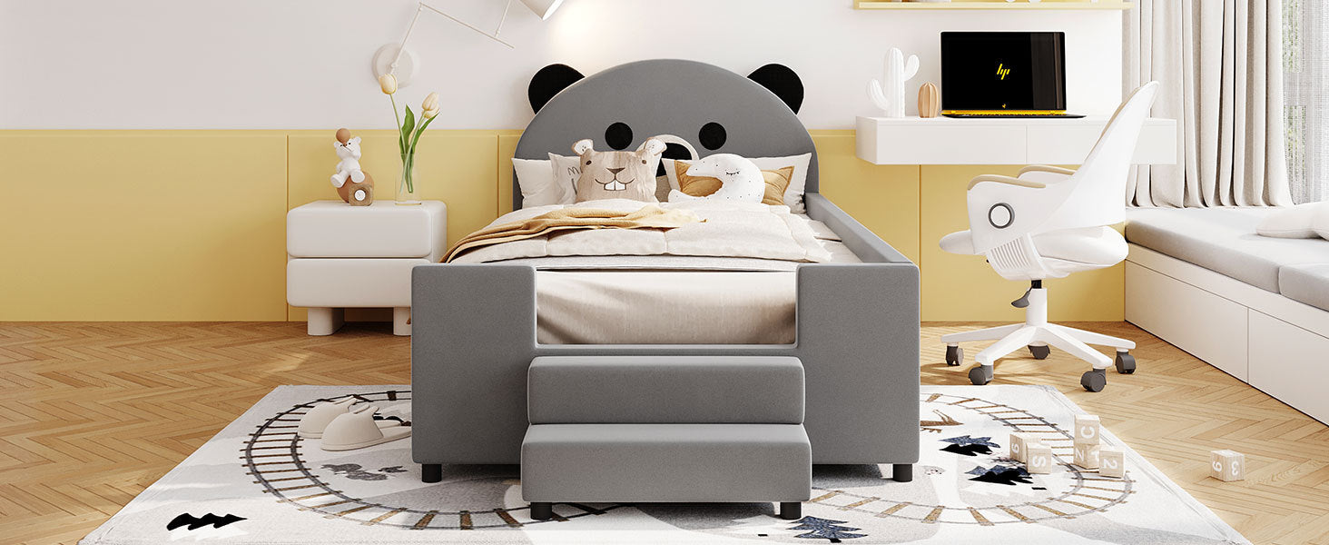 Twin Size Upholstered Daybed With Bear Shaped Headboard, Hydraulic System Andmesh Fence, Gray Gray Velvet